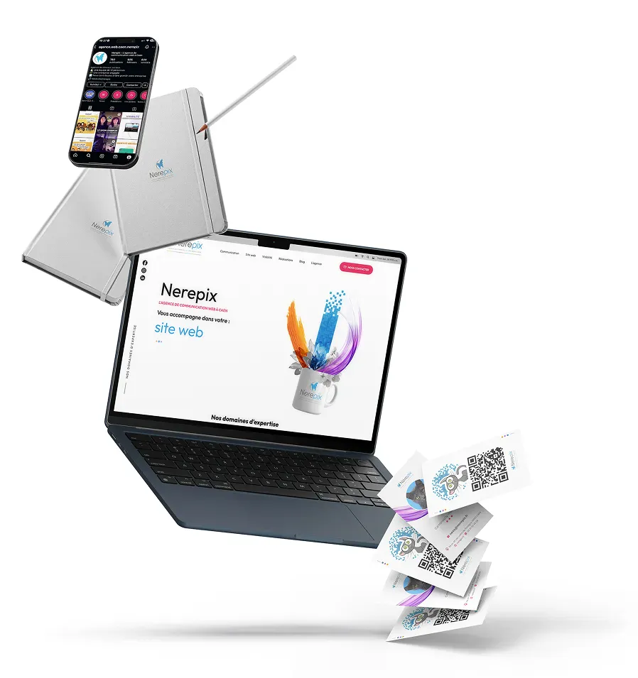Mockup site internet, cartes de visite et réseaux sociaux